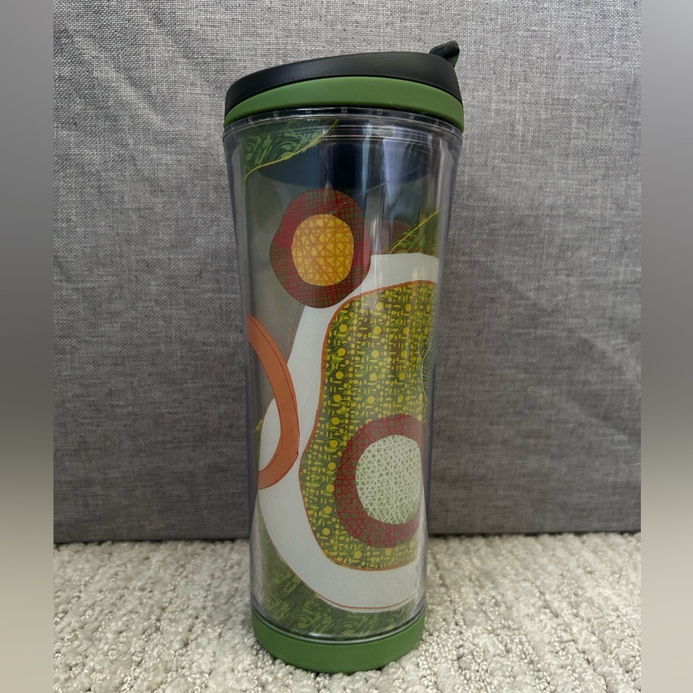 Starbucks 2007 Rwandan Fabric Abstract Design 16oz Tumbler w/ Flip Top Closure.